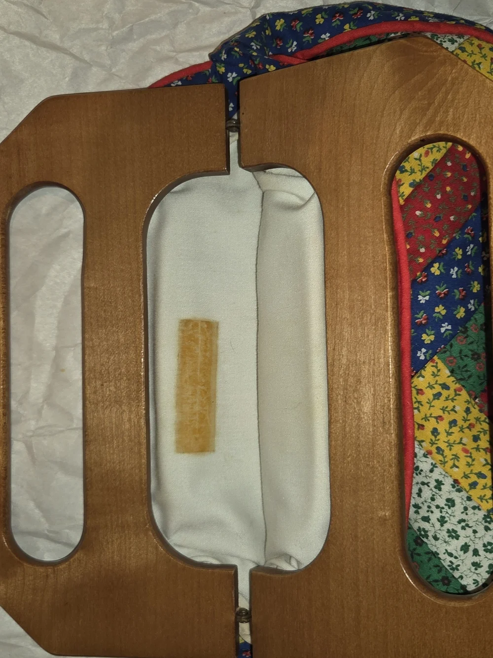 Rare 70s Vintage Multicolor Quilted Clutch with Wooden Handle Removeable Cover